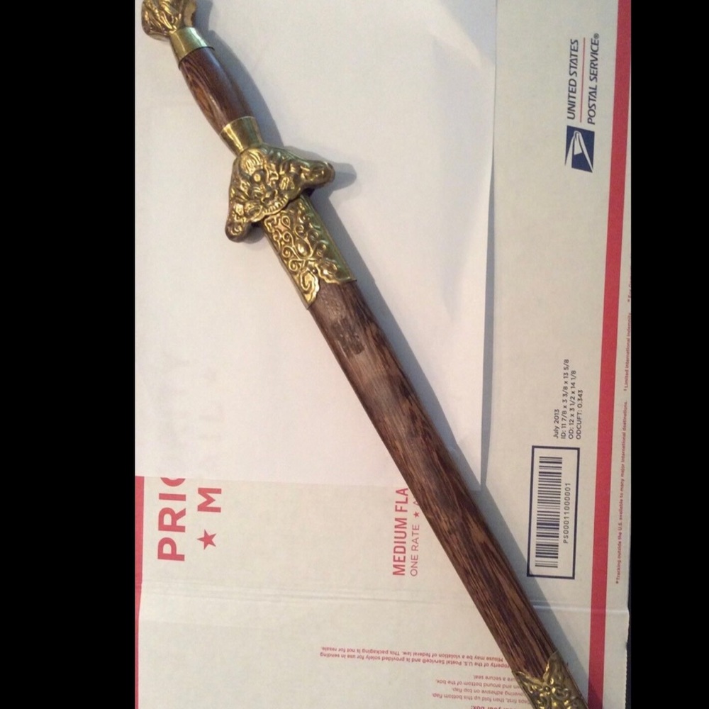 Asian Samurai Sword Steel Blade Inscription Dragon Wood Brass Handle Scabbard